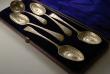 A boxed set of silver berry spoons and sugar sifter