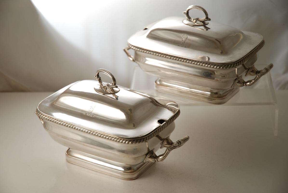 A pair of Old Sheffield Plate Sauce Tureens with the Walpole crest