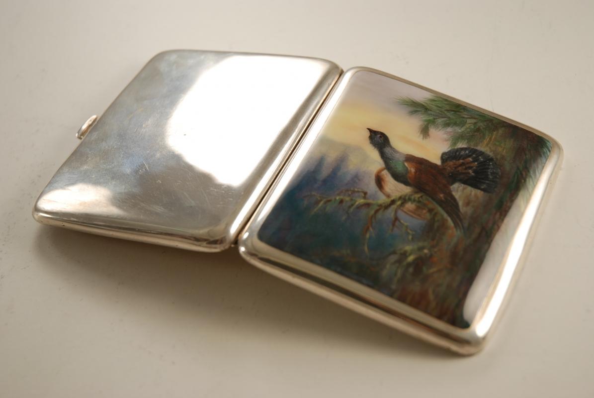 silver and enamel cigarette case An Austrian Silver and Viennese Enamel Cigarette Case of Hunting Interest